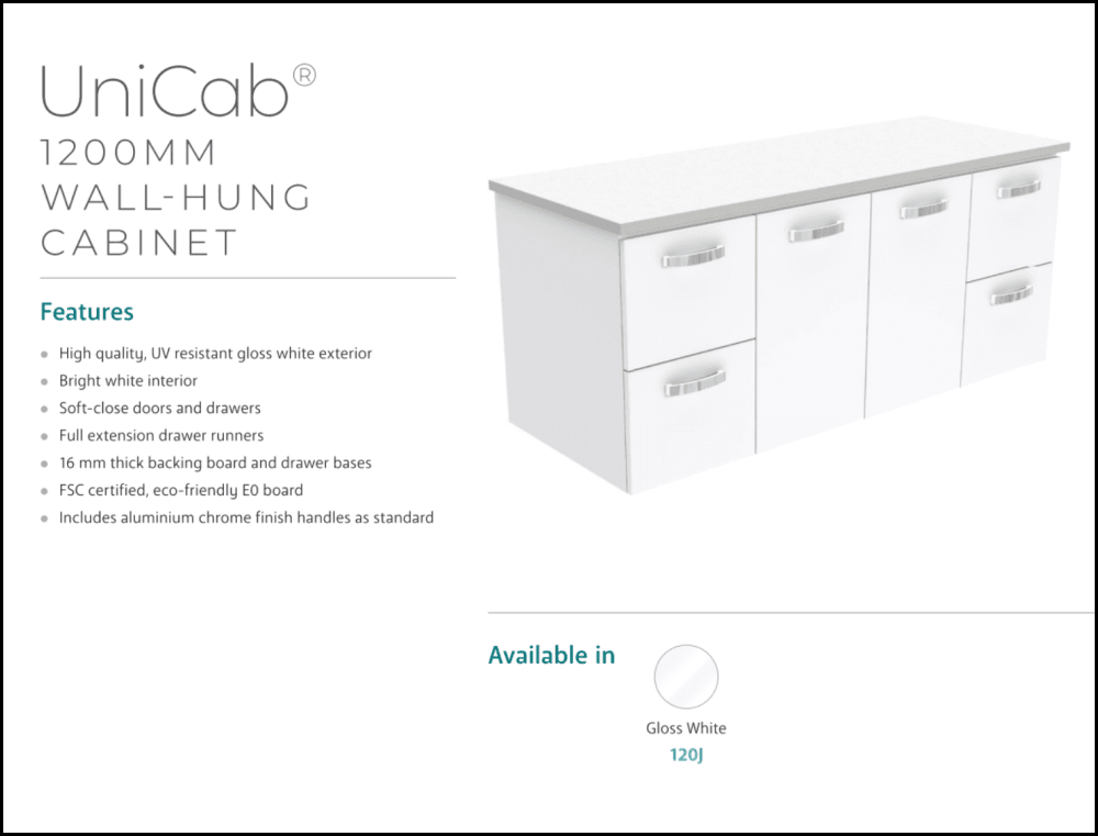 Fienza Dolce Tcl120J 1200Mm Ceramic Wall Hung Vanity With Handles White - Special Order Units