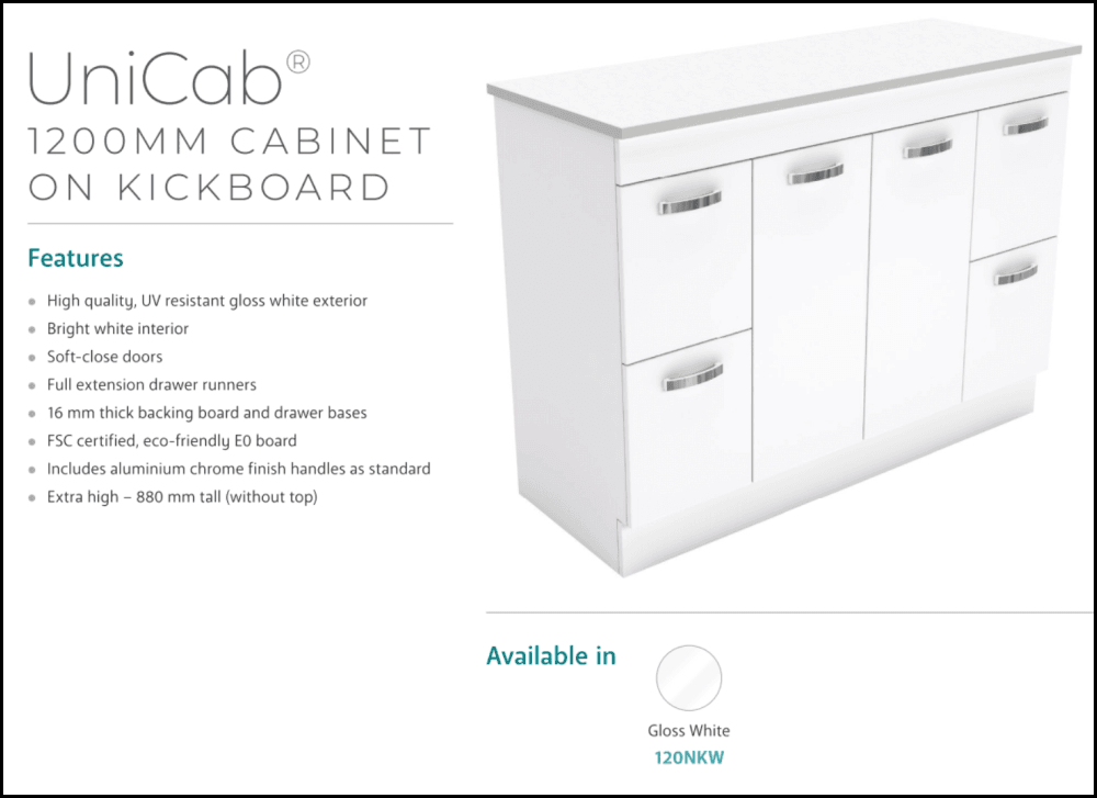 Fienza Dolce Tcl120Nkw 1200Mm Vanity With Kicker White - Special Order Units