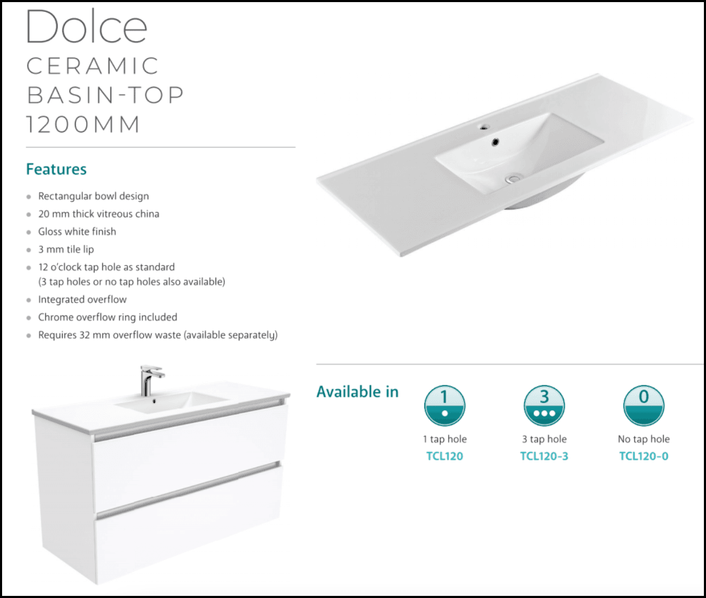 Fienza Dolce Tcl120Nkw 1200Mm Vanity With Kicker White - Special Order Units