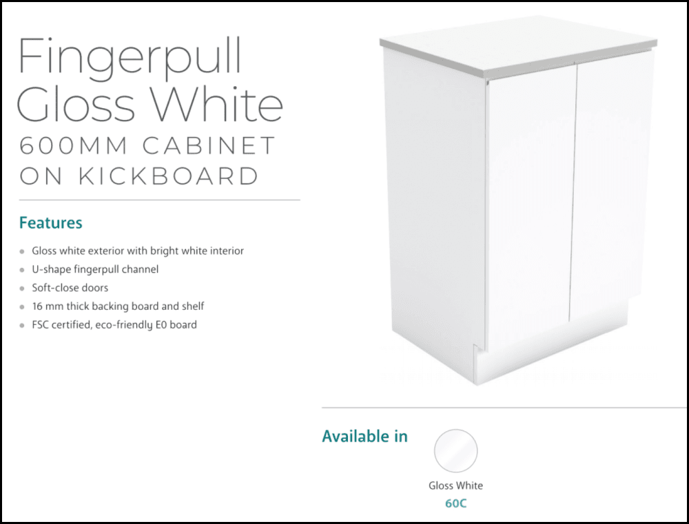 Fienza Dolce Tcl60C Fingerpull 600Mm White Vanity With Kickboard - Special Order Units