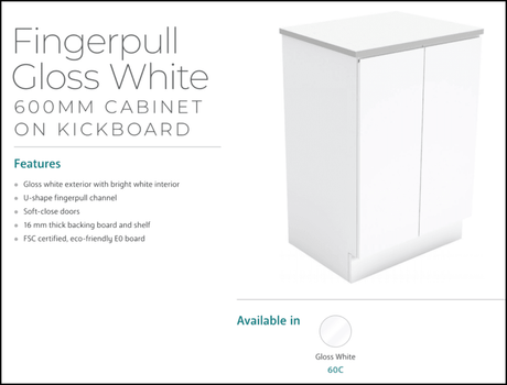 Fienza Dolce Tcl60C Fingerpull 600Mm White Vanity With Kickboard - Special Order Units
