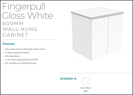Fienza Dolce Tcl60F Fingerpull 600Mm Wall Hung White Vanity - Special Order Units
