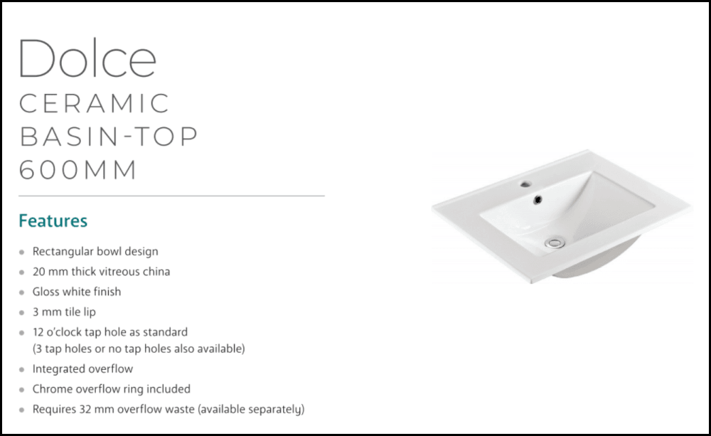 Fienza Dolce Tcl60F Fingerpull 600Mm Wall Hung White Vanity - Special Order Units