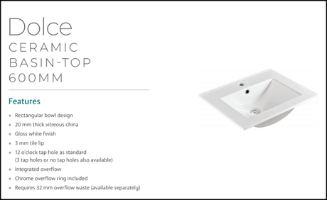 Fienza Dolce Tcl60F Fingerpull 600Mm Wall Hung White Vanity - Special Order Units
