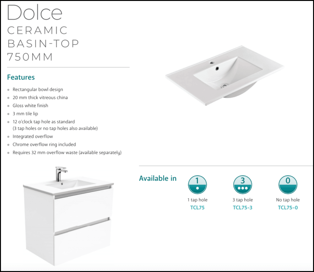 Fienza Dolce Tcl75Cl 750Mm White Fingerpull Vanity With Kickboard Left Hand Drawers - Special Order