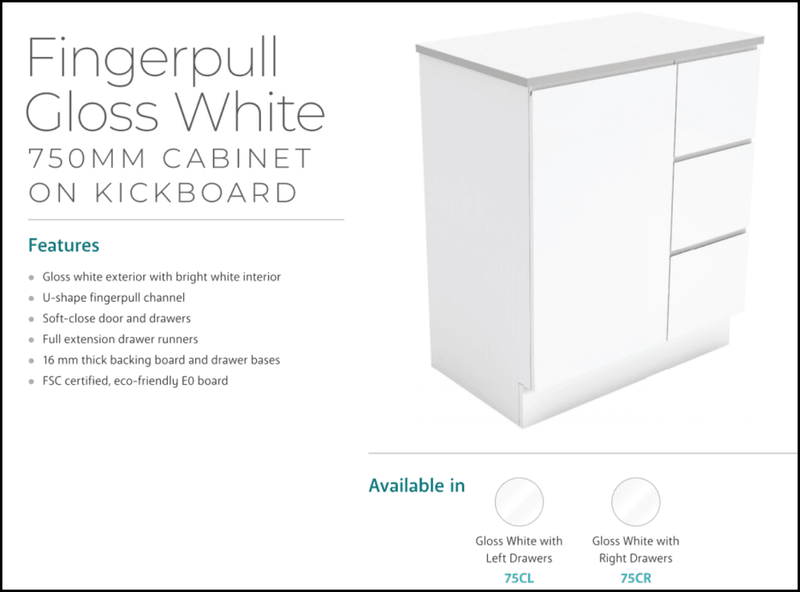 Fienza Dolce Tcl75Cr 750Mm White Fingerpull Vanity With Kickboard Right Hand Drawers - Special Order