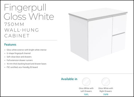 Fienza Dolce Tcl75Fr 750Mm White Fingerpull Wall Hung Vanity Right Hand Drawers - Special Order
