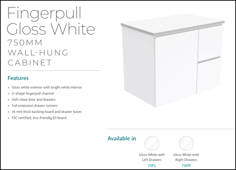 Fienza Dolce Tcl75Fr 750Mm White Fingerpull Wall Hung Vanity Right Hand Drawers - Special Order