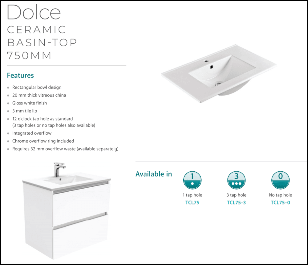 Fienza Dolce Tcl75Fr 750Mm White Fingerpull Wall Hung Vanity Right Hand Drawers - Special Order