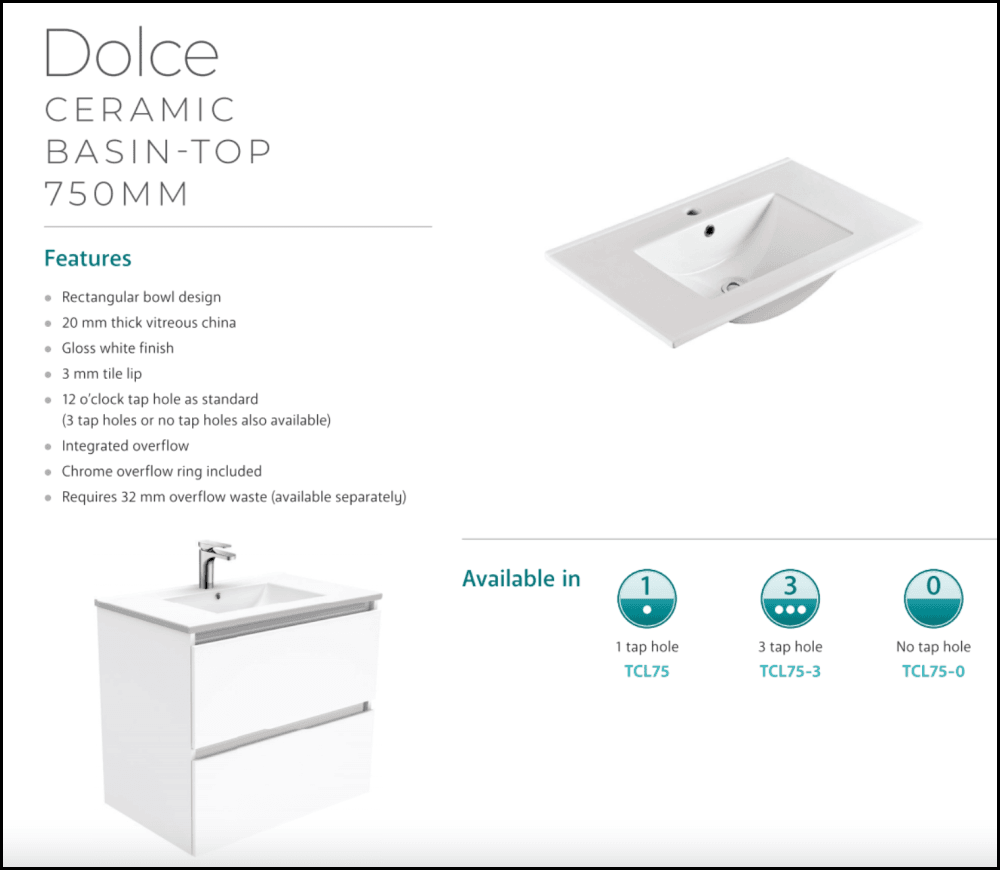Fienza Dolce Tcl75H Manu 750Mm White Wall Hung Vanity Unit - Special Order Units
