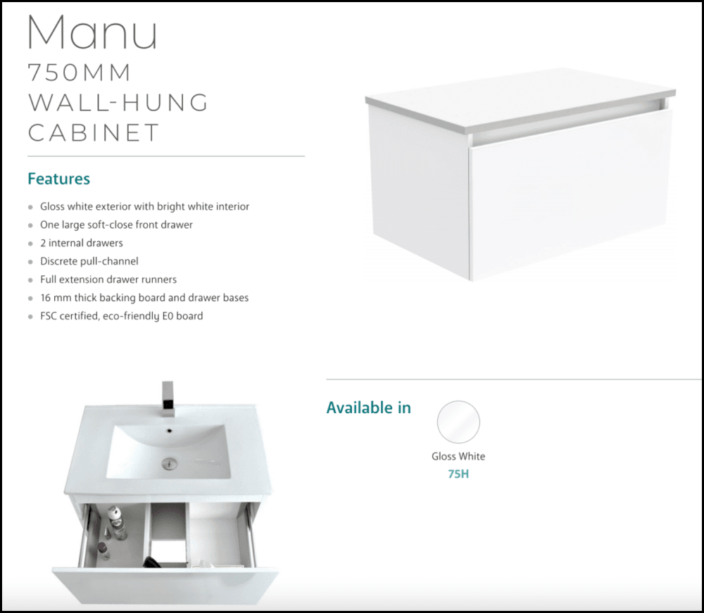 Fienza Dolce Tcl75H Manu 750Mm White Wall Hung Vanity Unit - Special Order Units