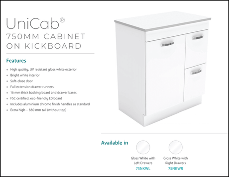 Fienza Dolce Tcl75Nkwl 750Mm White Vanity With Kicker Left Hand Drawers - Special Order Units