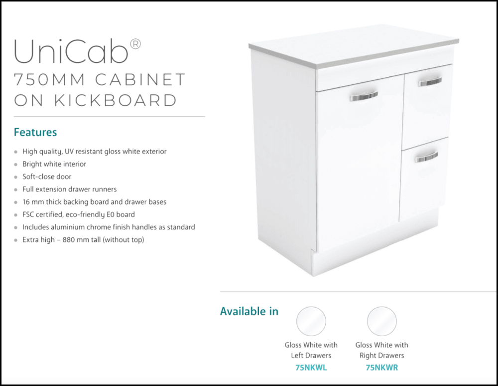 Fienza Dolce Tcl75Nkwr 750Mm White Vanity With Kicker Right Hand Drawers - Special Order Units