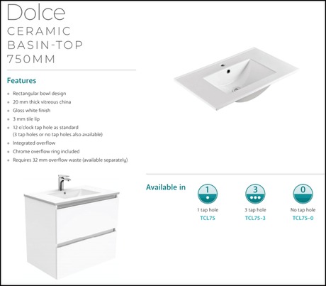 Fienza Dolce Tcl75Nkwr 750Mm White Vanity With Kicker Right Hand Drawers - Special Order Units