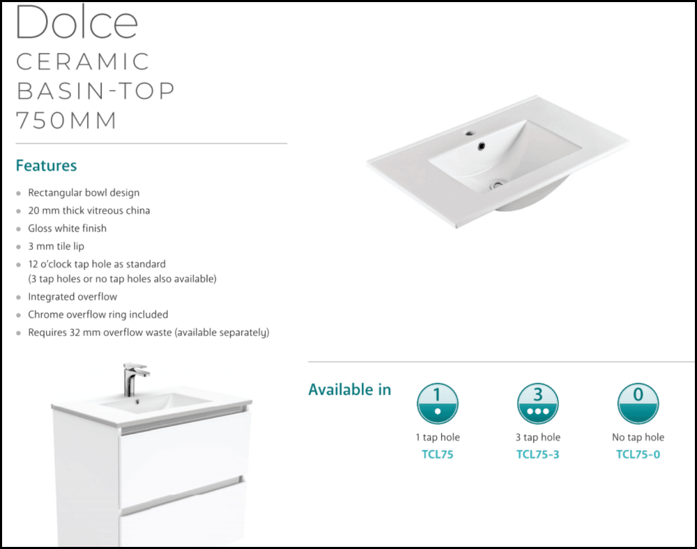 Fienza Dolce Tcl75Zbkl 750Mm Satin Black Vanity With Kickboard Left Drawers - Special Order Units