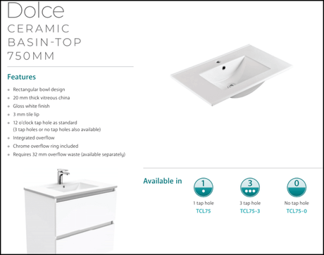 Fienza Dolce Tcl75Zbkl 750Mm Satin Black Vanity With Kickboard Left Drawers - Special Order Units