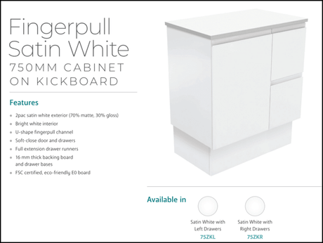 Fienza Dolce Tcl75Zkl Fingerpull Matte White 750Mm Vanity With Kickboard Left Drawers - Special