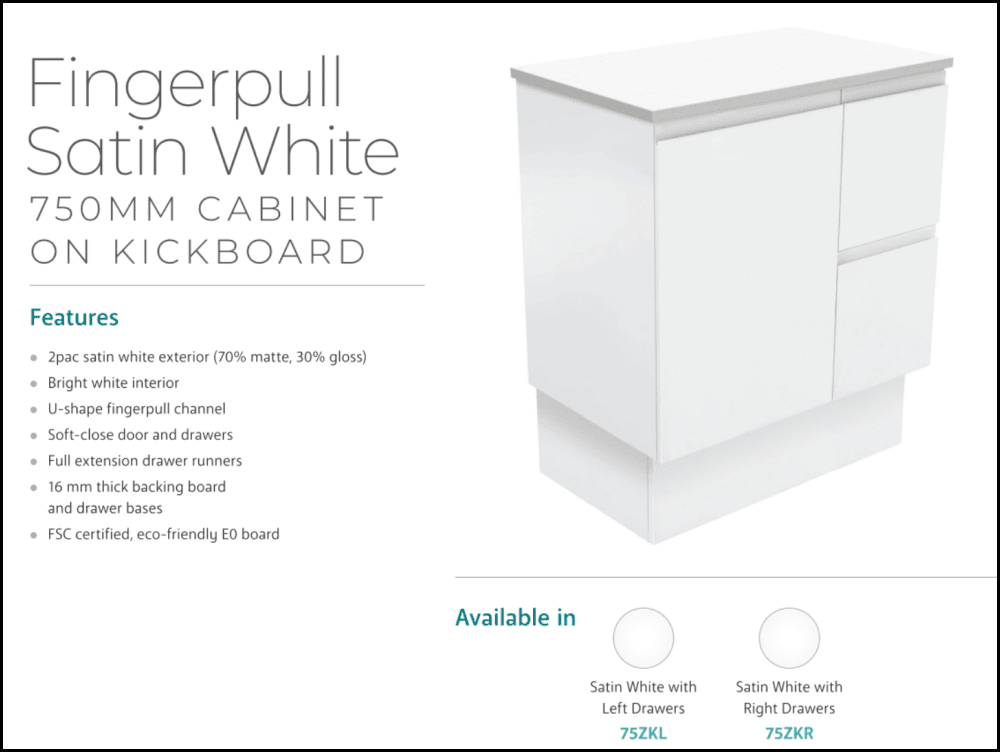 Fienza Dolce Tcl75Zkr Fingerpull Matte White 750Mm Vanity With Kickboard Right Drawers - Special