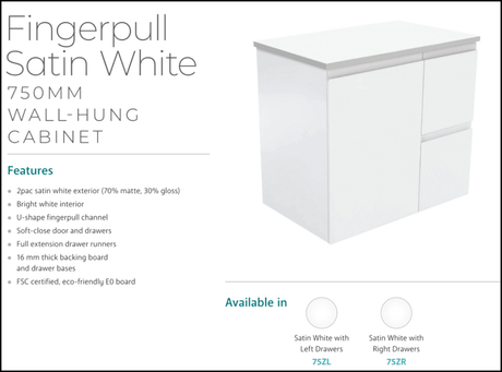 Fienza Dolce Tcl75Zr 750Mm Fingerpull Wall Hung Vanity Matte White With Right Drawers - Special