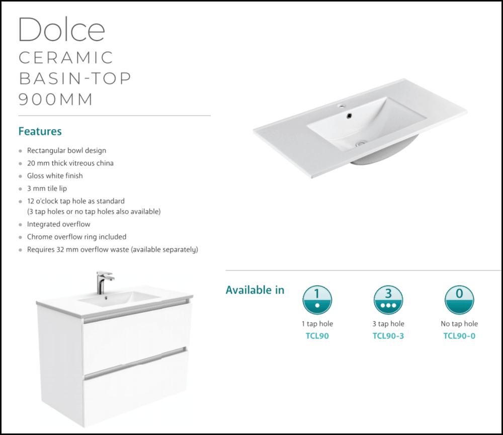 Fienza Dolce Tcl90Cl 900Mm Fingerpull White Vanity With Kickboard Left Drawers - Special Order Units