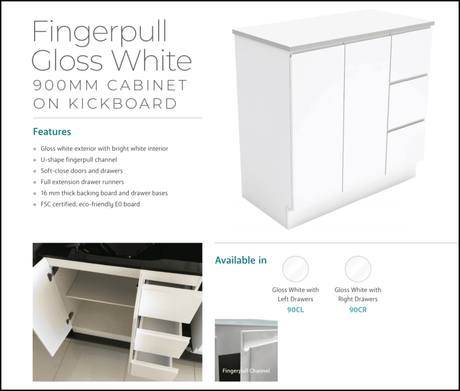 Fienza Dolce Tcl90Cr 900Mm Fingerpull White Vanity With Kickboard Right Drawers - Special Order