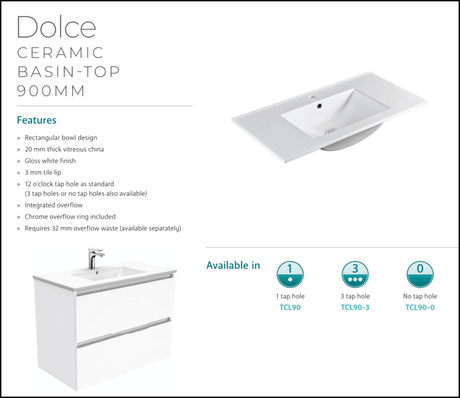 Fienza Dolce Tcl90Cr 900Mm Fingerpull White Vanity With Kickboard Right Drawers - Special Order
