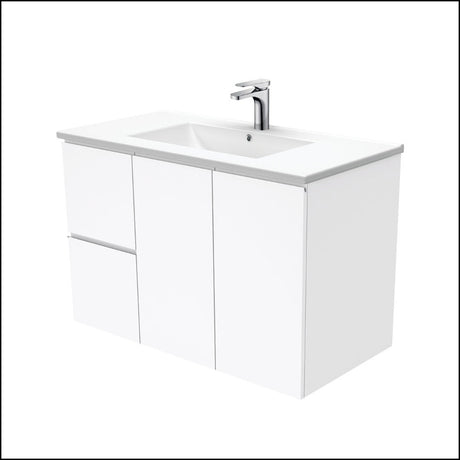 Fienza Dolce Tcl90Fl 900Mm Ceramic Wall Hung Finger Pull White Vanity One Tap Hole Left Hand Drawers