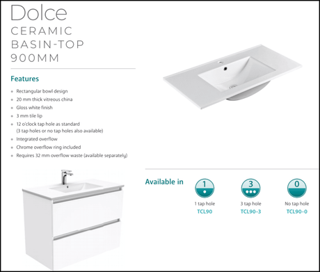 Fienza Dolce Tcl90Fl 900Mm Ceramic Wall Hung Finger Pull White Vanity One Tap Hole Left Hand Drawers