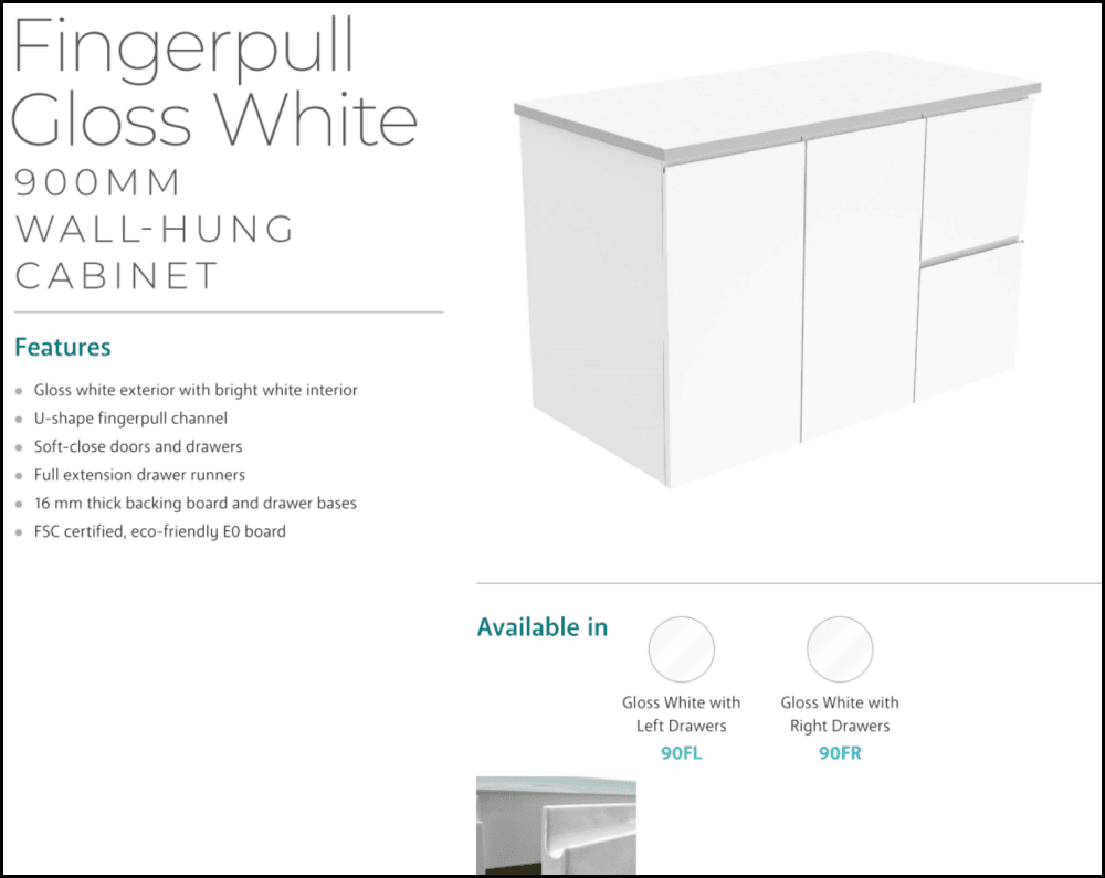 Fienza Dolce Tcl90Fl 900Mm Ceramic Wall Hung Finger Pull White Vanity One Tap Hole Left Hand Drawers
