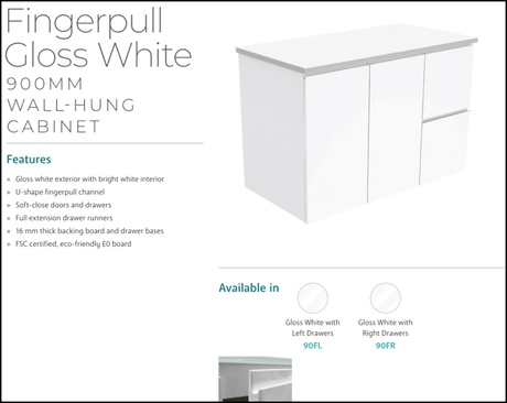 Fienza Dolce Tcl90Fr 900Mm Ceramic Wall Hung Finger Pull White Vanity One Tap Hole Right Hand