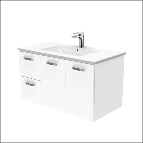 Fienza Dolce Tcl90Jl 900Mm Ceramic Wall Hung White Vanity With Handles One Tap Hole Left Hand
