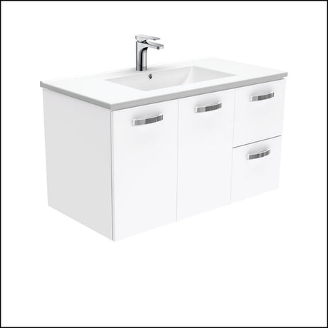 Fienza Dolce Tcl90Jr 900Mm Ceramic Wall Hung White Vanity With Handles One Tap Hole Right Hand