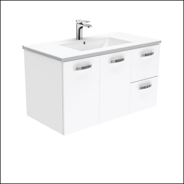 Fienza Dolce Tcl90Jr 900Mm Ceramic Wall Hung White Vanity With Handles One Tap Hole Right Hand