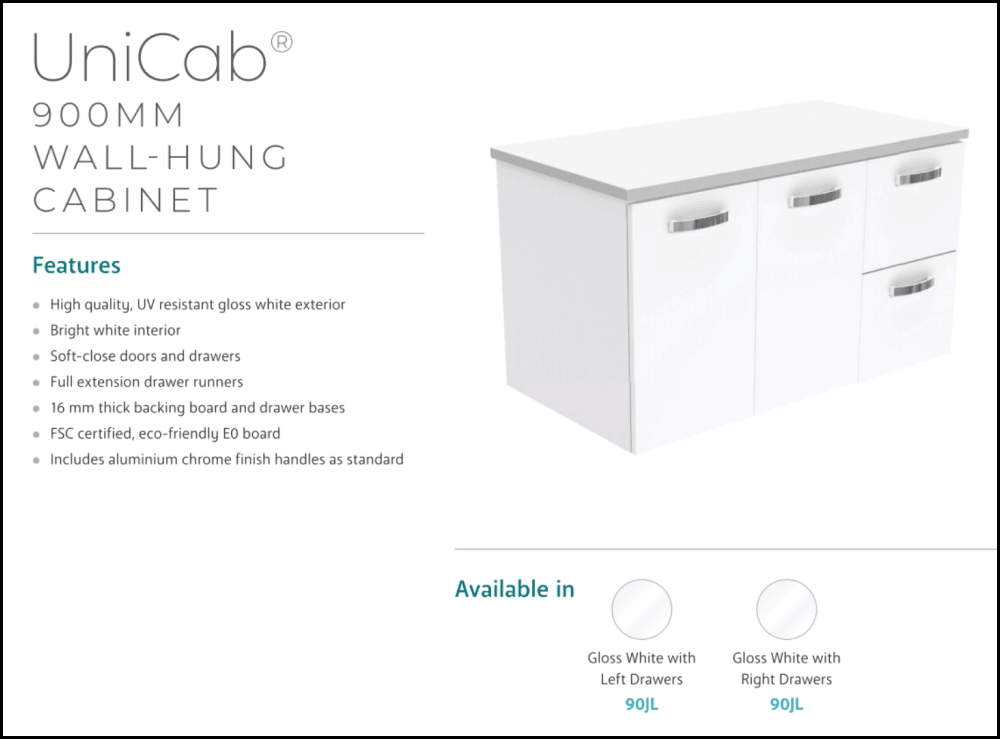 Fienza Dolce Tcl90Jr 900Mm Ceramic Wall Hung White Vanity With Handles One Tap Hole Right Hand
