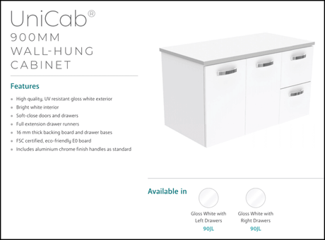 Fienza Dolce Tcl90Jr 900Mm Ceramic Wall Hung White Vanity With Handles One Tap Hole Right Hand