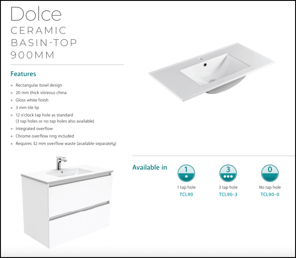 Fienza Dolce Tcl90Zkr 900Mm Fingerpull Matte White Vanity With Kickboard Right Drawers - Special