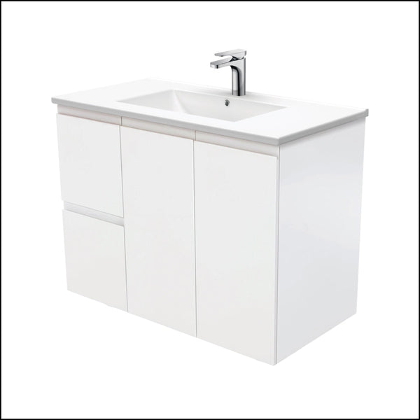 Fienza Dolce Tcl90Zl 900Mm Ceramic Wall Hung Finger Pull Satin White Vanity One Tap Hole Left Hand