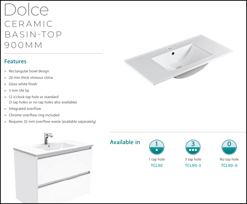 Fienza Dolce Tcl90Zl 900Mm Ceramic Wall Hung Finger Pull Satin White Vanity One Tap Hole Left Hand