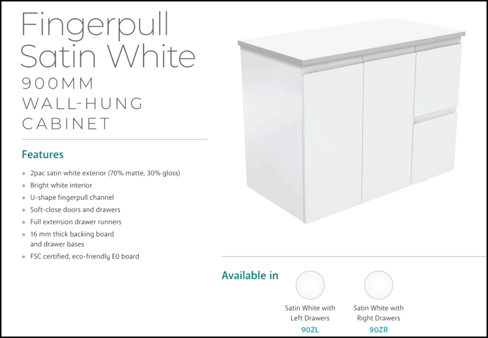 Fienza Dolce Tcl90Zr 900Mm Ceramic Wall Hung Finger Pull Satin White Vanity One Tap Hole Right Hand