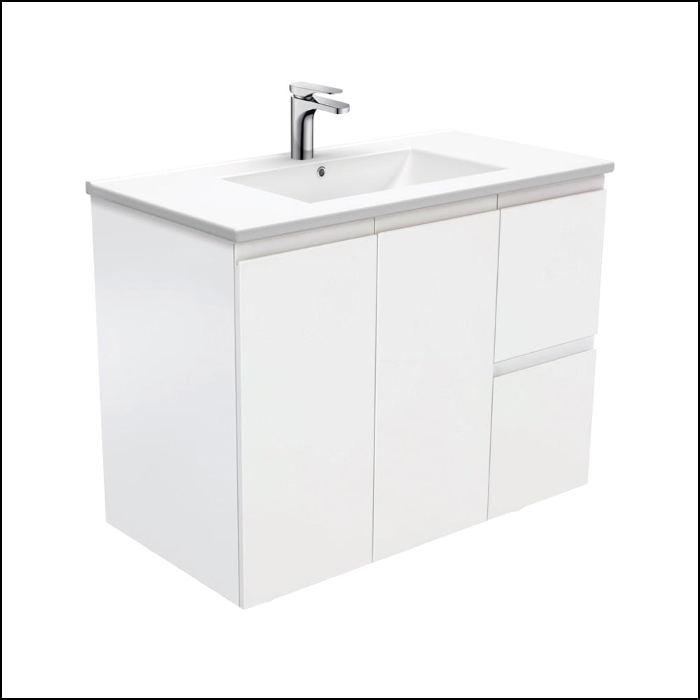 Fienza Dolce Tcl90Zr 900Mm Ceramic Wall Hung Finger Pull Satin White Vanity One Tap Hole Right Hand