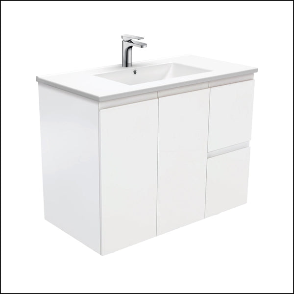 Fienza Dolce Tcl90Zr 900Mm Ceramic Wall Hung Finger Pull Satin White Vanity One Tap Hole Right Hand