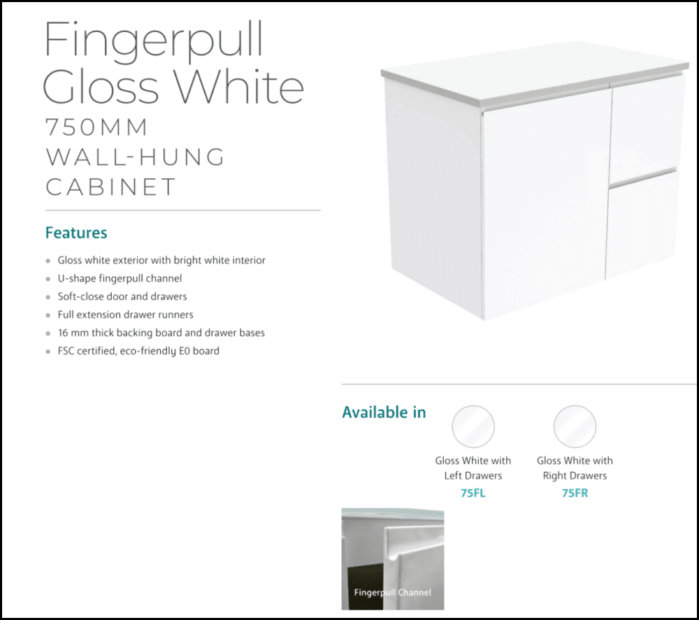 Fienza Dolce Tclb75Fr 750Mm Matte Black Fingerpull Gloss White Wall Hung Vanity Right Drawers -