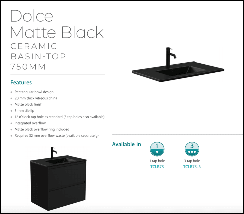 Fienza Dolce Tclb75Skl 750Mm Matte Black Scandi Oak Vanity With Kickboard Left Drawers - Special