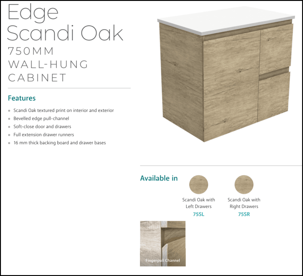 Fienza Dolce Tclb75Sl 750Mm Matte Black Scandi Oak Wall Hung Vanity Left Drawers - Special Order