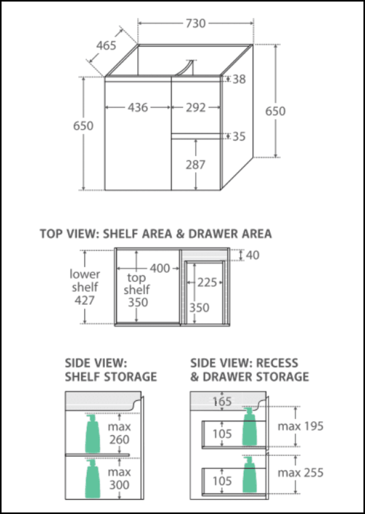 Fienza Dolce Tclb75Zbr 750Mm Matte Black Satin Wall Hung Vanity Right Drawers - Special Order Units