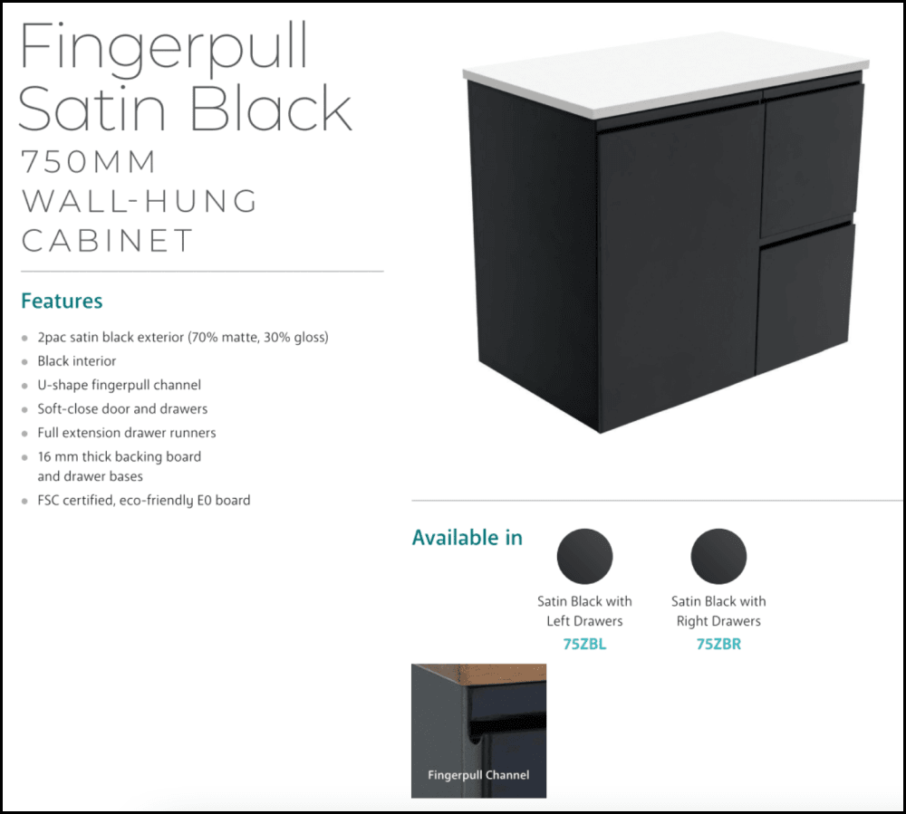 Fienza Dolce Tclb75Zbr 750Mm Matte Black Satin Wall Hung Vanity Right Drawers - Special Order Units