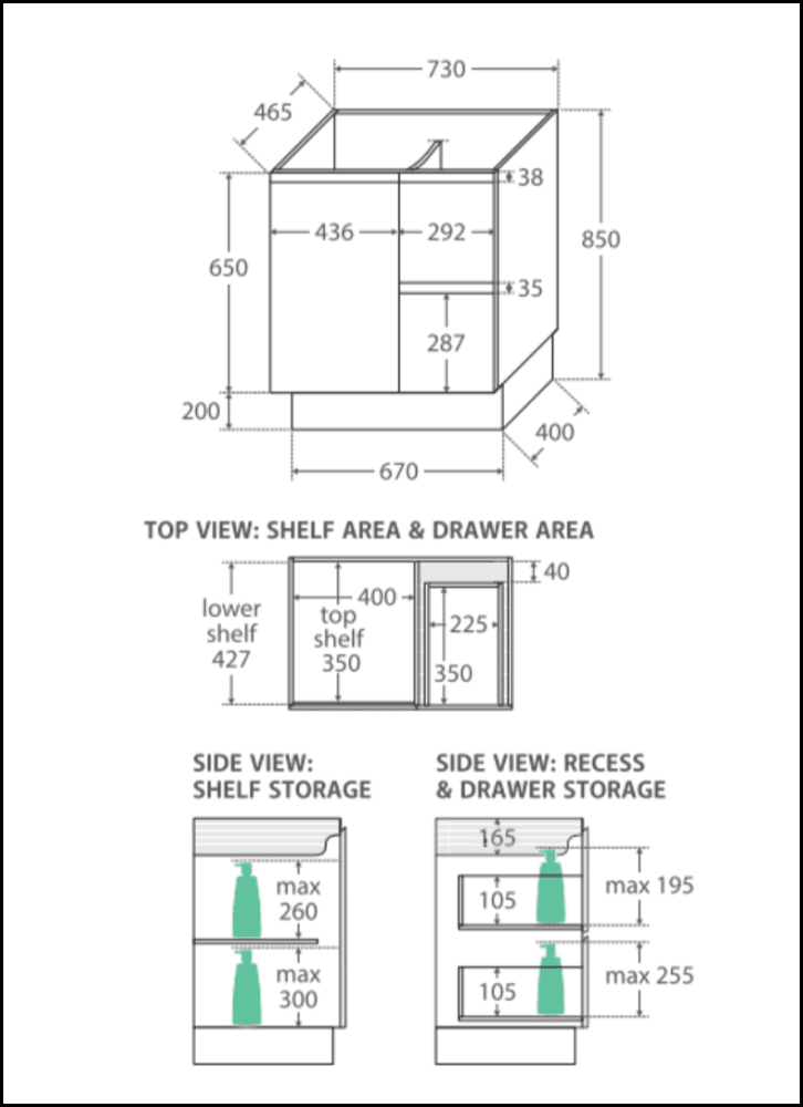 Fienza Dolce Tclb75Zkr 750Mm Matte Black Fingerpull Satin White Vanity On Kickboard Right Drawers -