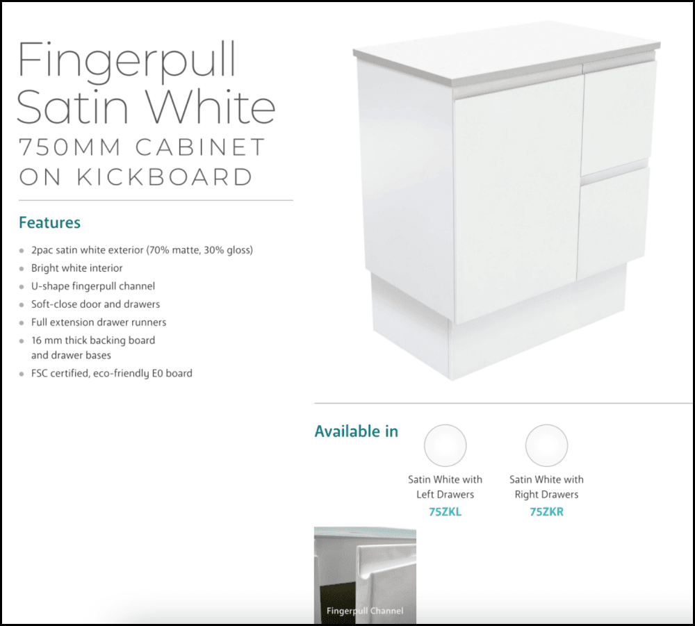 Fienza Dolce Tclb75Zkr 750Mm Matte Black Fingerpull Satin White Vanity On Kickboard Right Drawers -