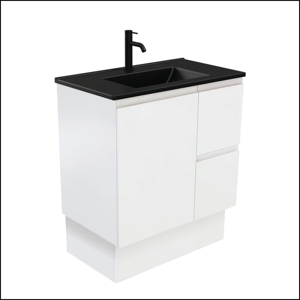 Fienza Dolce Tclb75Zkr 750Mm Matte Black Fingerpull Satin White Vanity On Kickboard Right Drawers -