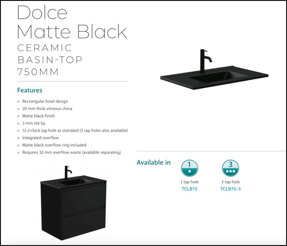 Fienza Dolce Tclb75Zl 750Mm Matte Black Fingerpull Satin White Wall Hung Vanity Left Drawers -